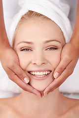 Image showing Face massage, skincare and top view of woman with hands, beauty spa treatment and wellness, facial and dermatology for glow. Happy, benefits of pamper cosmetics and antiaging self care with masseuse