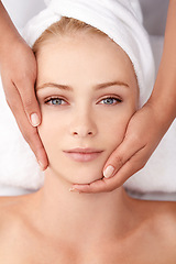 Image showing Face massage, top view of woman and hands, beauty and wellness with spa treatment, facial and dermatology for glow. Skincare, benefits of pamper cosmetics and antiaging self care with masseuse