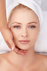 Image showing Facial, massage and top view of woman with hands of masseuse, beauty and wellness with spa treatment. Skincare, face pamper cosmetics and antiaging self care with dermatology for glow in portrait