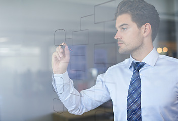 Image showing Businessman, strategy and mindmap on glass wall for brainstorming, planning and vision in office. Idea, thinking and professional man with drawing for analysis, innovation and problem solving