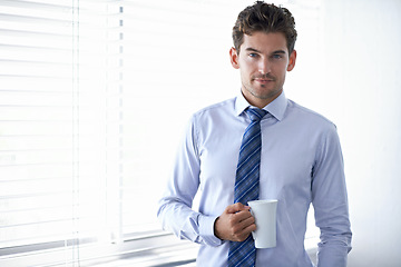 Image showing Portrait, business and man with morning coffee, employee and financial consultant in a workplace. Face, office and broker with espresso and latte with trader on a tea break and person with startup
