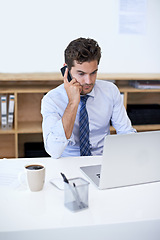 Image showing Business, phone call and man with laptop, communication and planning with conversation and thinking. Person, employee and accountant with a smartphone and mobile user with digital app and connection