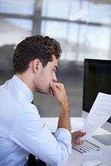 Image showing Accountant, business and man reading contract, feedback for a project and compliance document. Financial report, consultant and employee with resignation letter and paperwork with review and thinking
