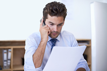 Image showing Businessman, office and document with computer, phone call and technology for communication. Accountant, smartphone and contract for discussion, information and working with company or startup