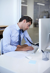 Image showing Businessman, phone call and computer in office or client communication or online sales, internet or networking. Male person, telephone and typing in New York company or job, discussion or connection