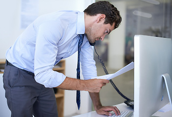 Image showing Businessman, phone call and paperwork at computer for discussion with client for financial advice, loan or investment. Male person, telephone and documents in New York office, network or research