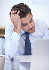 Image showing Laptop, depression and business man with stress, fail or mistake with bad news in office. Computer, frustrated or serious professional with bankruptcy, taxes or challenge of financial crisis on email