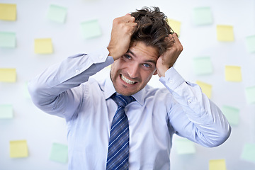 Image showing Portrait, frustrated and man with business, headache and employee with anxiety and pain. Face, person and worker with migraine or stress with burnout or depression with accountant, mistake or startup