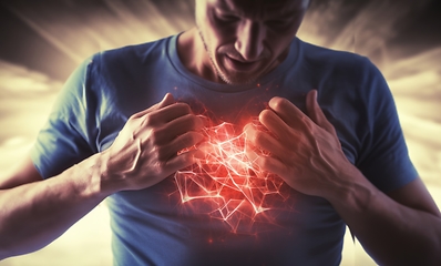 Image showing Vivid holographic animation depicts a heart attack within the human body, merging technology and medical education seamlessly.Generated image