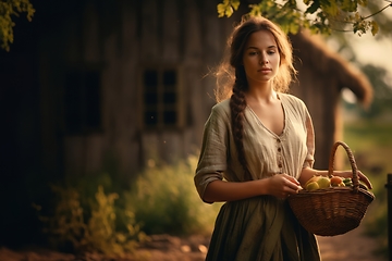 Image showing A beautiful traditional woman exudes charm while holding a basket, capturing the essence of cultural elegance and ethnic beauty within the serene surroundings