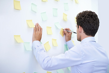 Image showing Businessman, writing and sticky notes on wall for planning, brainstorming and project strategy with rear view. Entrepreneur, employee and ideas for agenda, schedule and proposal information at work