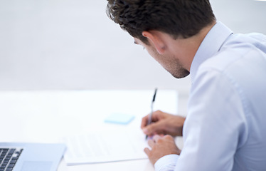 Image showing Man writing, contract and business with report and compliance document with accountant and employee. Person, worker or consultant with document or paperwork with information, professional or feedback