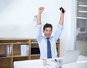 Image showing Businessman, portrait and celebration at desk for achievement for opportunity, deal or promotion. Male person, face and arms up at laptop as financial consultant for win, congratulations or good news