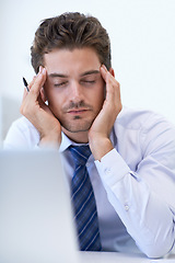 Image showing Sick, headache and business man with pain, stress and anxiety for overwork in office. Migraine, depression and professional massage temples for burnout, fatigue and tired person frustrated by laptop