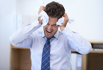 Image showing Businessman, head and angry with crumpled paper, burnout and mistake for frustration, debt and headache. Stressed employee, worker and report for bills, worried and failure with audit or deadline