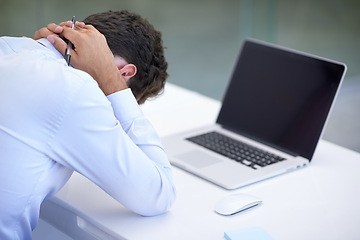 Image showing Business, neck pain and man with laptop, frustrated and deadline with burnout and professional. Person, office and employee with computer and startup with fatigue and tired with a mistake and fail