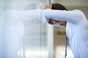 Image showing Business, frustrated and man with stress, headache and overworked with fatigue and mental health. Migraine, employee or consultant with pain or professional with pain and fail with mistake or burnout