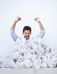 Image showing Businessman, paperwork and pile or frustrated hands in work load as accountant or deadline, document or stress. Male person, corporate and trapped in responsibilities or career, overworked or problem