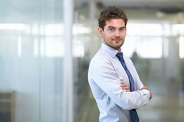 Image showing Businessman, portrait and smile with arms crossed in office for professional career in finance, confidence and pride. Entrepreneur, face of employee and happy for relax, break or mockup space at work