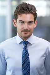 Image showing Businessman, portrait and office for formal, professional and confident financial advisor. Male person, formal and smile for ambition, startup and entrepreneur for career and project occupation