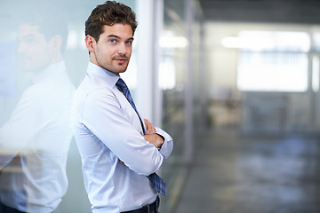 Image showing Businessman, portrait and confident with arms crossed in office for professional career in finance, opportunity and pride. Entrepreneur, face of employee and smile for relax, break or mock up at work