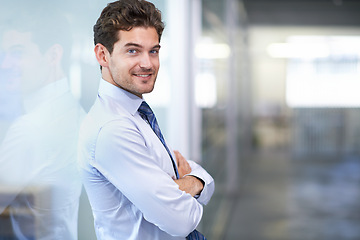 Image showing Businessman, portrait and smile with arms crossed in office for professional career in finance, confidence and pride. Entrepreneur, face of employee and happy for relax, break or mockup space at work