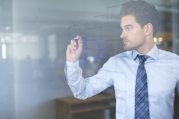 Image showing Glass wall, mindmap and businessman with drawing for brainstorming, strategy and idea on mockup. Professional man, vision and thinking with flowchart for analysis, problem solving and planning