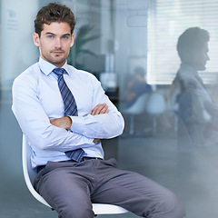 Image showing Businessman, portrait and office for accounting, confidence and in professional workspace. Male person, arms crossed and smile for ambition, startup and entrepreneur for career and project management