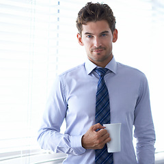 Image showing Portrait, business and man with morning coffee, entrepreneur and financial consultant in a workplace. Face, office or broker with cappuccino or latte with trader on a tea break or person with startup