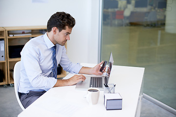 Image showing Research, office and businessman with phone, laptop and coffee at startup with technology. Browse, online and business analyst at desk with computer, smartphone and internet connection for networking