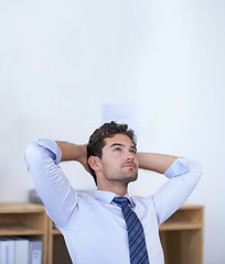 Image showing Business, man and relax in workplace with thinking of project ideas, stretching or daydreaming at corporate job. Entrepreneur, employee or thoughtful person at work desk with contemplating or wonder