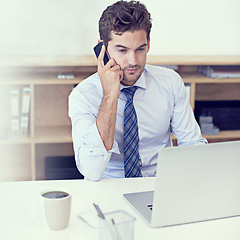 Image showing Business, phone call and man with laptop, connection and planning with conversation and thinking. Financial trader, employee or accountant with cellphone or mobile user with digital app or discussion