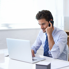 Image showing Businessman, office and laptop in phone call for meeting with client for consultation, update and negotiate terms. Feedback, agreement and discussion with stakeholder for project plan and strategy