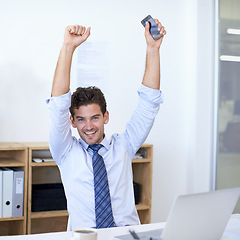 Image showing Businessman, portrait and celebration for good news or achievement or opportunity, deal or promotion. Male person, face and arms up at laptop as financial consultant or win, congratulations or target