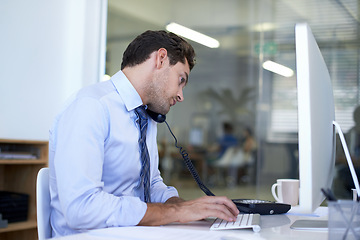 Image showing Businessman, phone call and computer for discussion as financial consultant for client loan, investment or accounting. Male person, telephone and typing in New York office, planning or networking