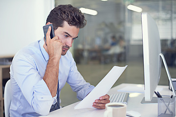 Image showing Accountant, office and document with computer, phone call and technology for communication. Businessman, smartphone and contract for discussion, information and working with company or startup