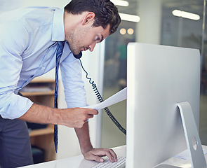 Image showing Businessman, phone call and computer for discussion as with paperwork for client loan, investment or accounting. Male person, telephone and financial consultant in New York, planning or networking