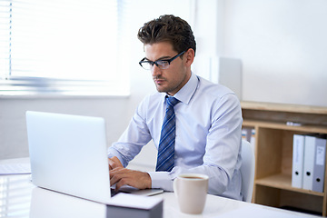 Image showing Businessman, laptop and typing in online email or communication as financial consultant, research or internet. Male person, glasses and corporate company in New York or accounting, loan or investment