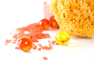 Image showing natural sponge, bath salt and oil balls