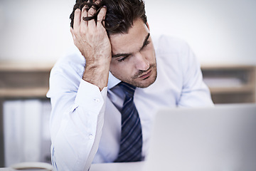 Image showing Laptop, fail and business man with stress, frustrated or mistake with glitch in office. Computer, depression or serious professional with bankruptcy, taxes or challenge of financial crisis with error