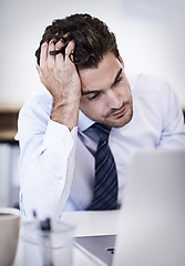 Image showing Laptop, frustrated and business man with stress, fail or mistake with bad news in office. Computer, depression or serious professional with bankruptcy, taxes or challenge of financial crisis on email