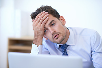 Image showing Laptop, headache and business man with stress, fail or mistake with bad news in office. Computer, depression and serious professional with bankruptcy, taxes or challenge of financial crisis on email