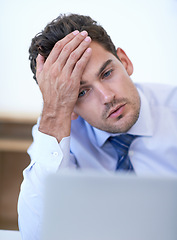 Image showing Laptop, frustrated and business man with stress, fail or mistake with glitch in office. Computer, depression or serious professional with bankruptcy, taxes or challenge of financial crisis with error