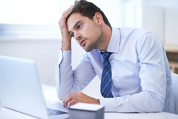 Image showing Laptop, frustrated or business man with depression, fail or overwork in office for mistake. Computer, stress or serious professional with bankruptcy, taxes or challenge of financial crisis with email