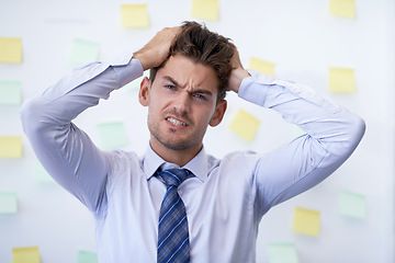 Image showing Portrait, stress and man with business, headache and employee with anxiety and pain. Face, person and worker with migraine or frustrated with burnout or depression with accountant, mistake or finance