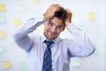 Image showing Portrait, burnout and man with business, headache and employee with anxiety, tax and pain. Face, person and worker with migraine or stress with audit or depression with accountant, mistake or startup