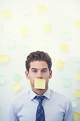 Image showing Man, portrait and sticky note for business stress as schedule reminder for meeting list, deadline or brainstorming. Male person, employee and paper or New York corporate or memo, anxiety or burnout