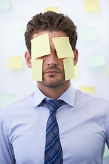 Image showing Man, sticky note and face for business schedule as work reminder or list for meeting, deadline or brainstorming. Male person, employee and paper or New York corporate for memo, anxiety or burnout