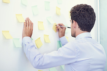 Image showing Businessman, writing and sticky notes in office for planning, brainstorming and project strategy with rear view. Entrepreneur, employee and ideas for agenda, schedule and proposal information at work