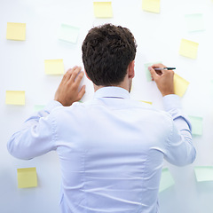 Image showing Businessman, writing and sticky notes in office for planning, brainstorming and project with rear view. Entrepreneur, employee and ideas for agenda, schedule and proposal information at work